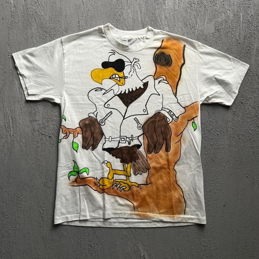 Vintage Airbrush Eagle Shirt Large White 1990s Biker USA